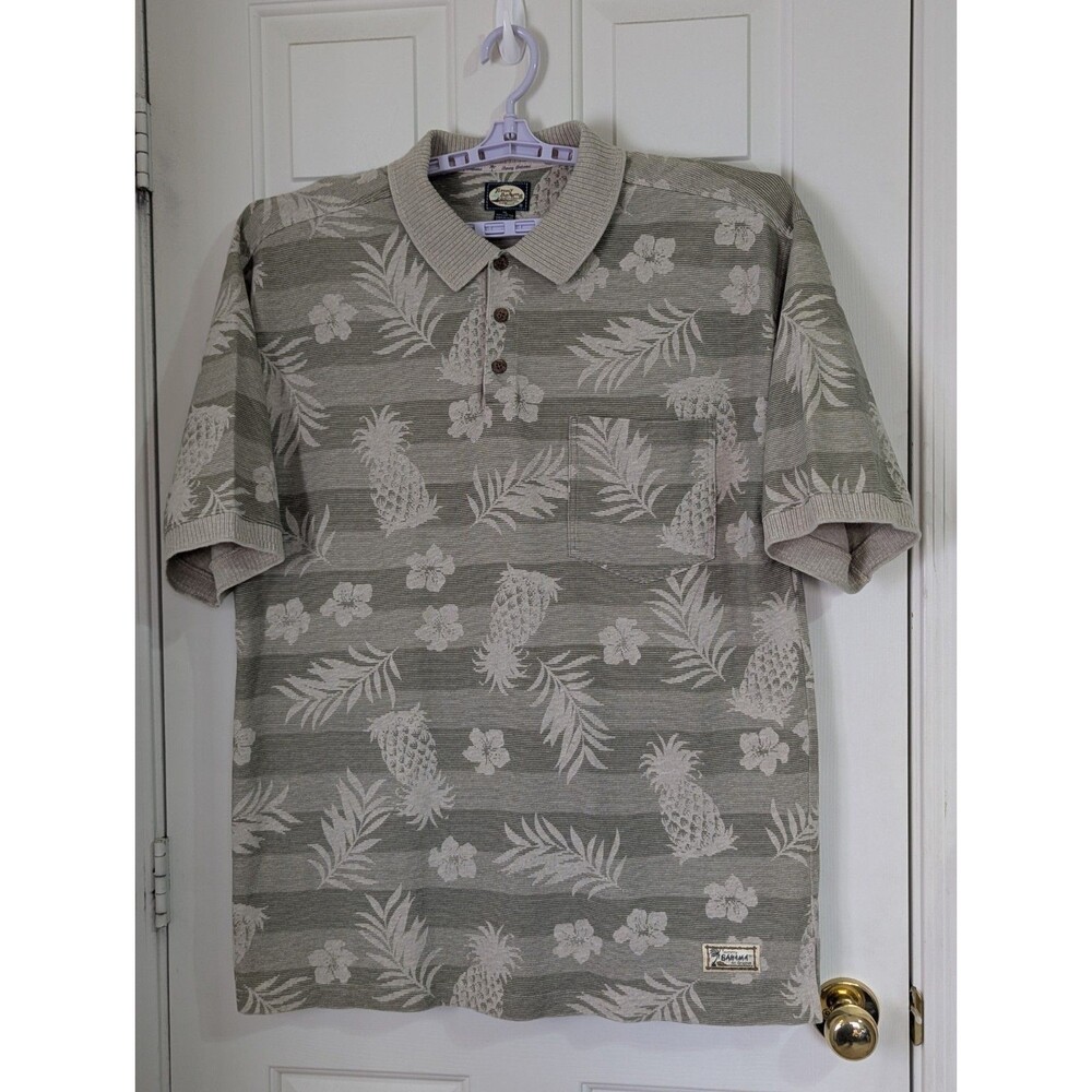 VTG Tommy Bahama Knit Polo Mens XL Beige Stripe Tropical Hawaiian Pineapple Logo